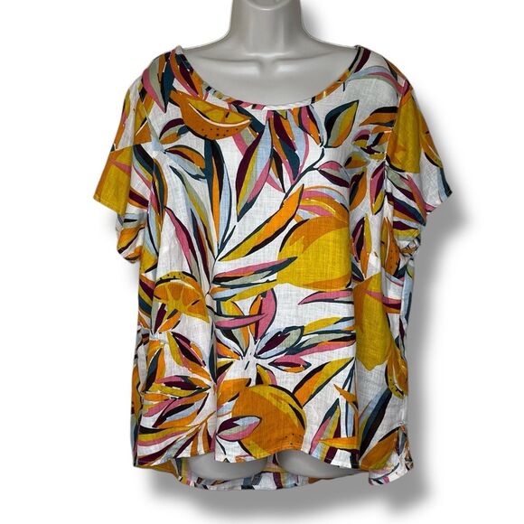 Tahari Linen Tropical Fruit Lemon Lime Top Short Sleeve Round Boat Neck Women 1X - Picture 1 of 10